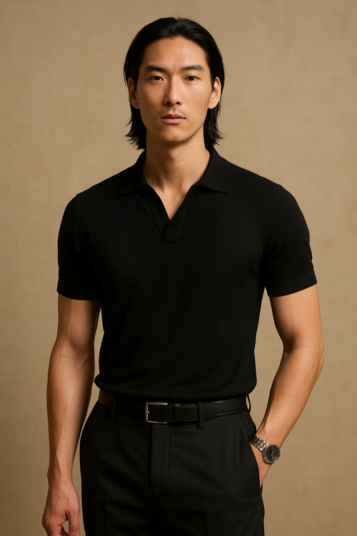 Plain V-neck Stretch Mesh Polo Shirt